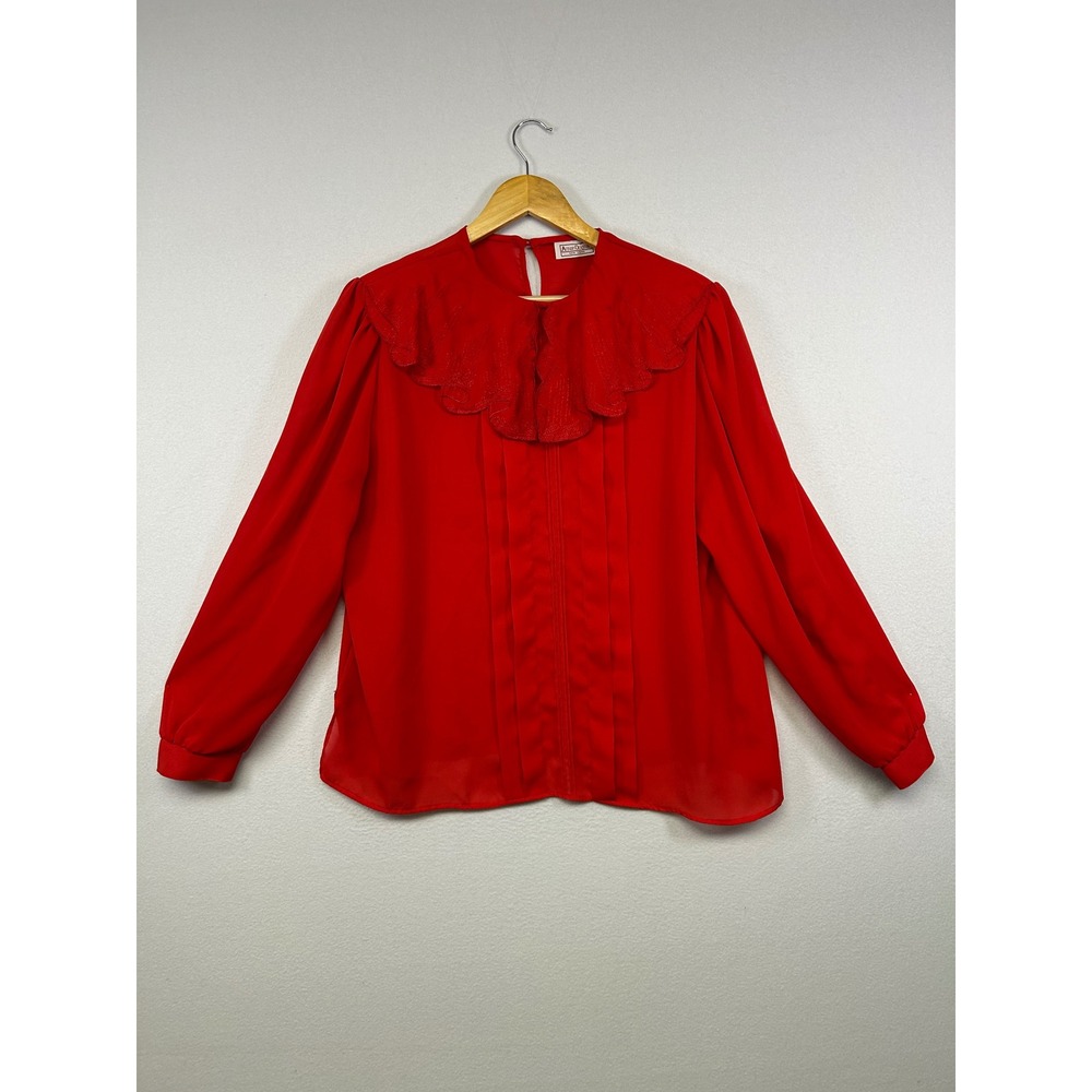 Vintage Armon Originals Womens XL Red Ruffle Collar Pleated Long Sleeve Blouse